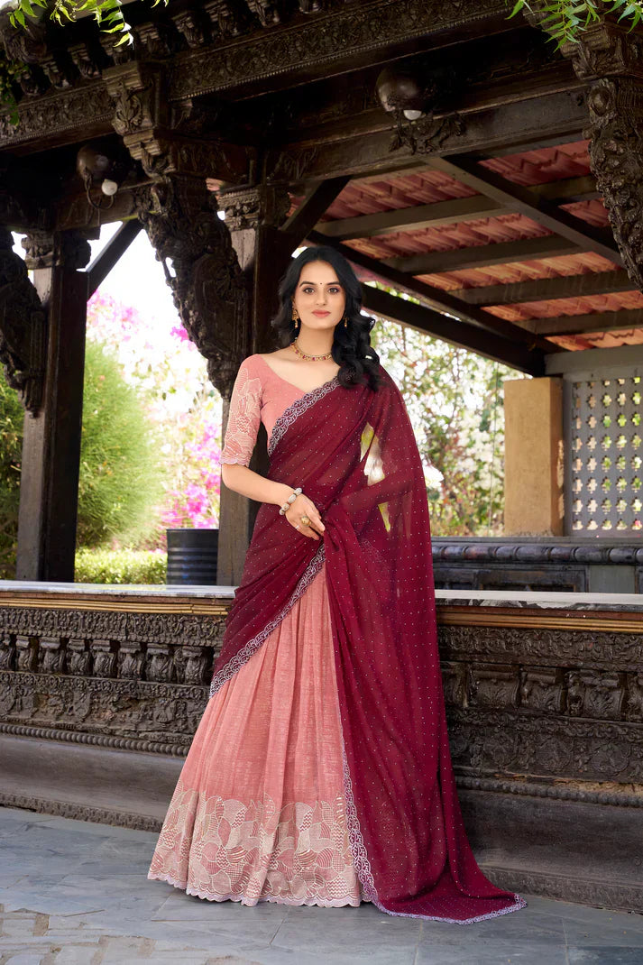 SILVER GLOSY EMBROIDERED WITH HOTFIX LEHENGA CHOLI WITH DUPATTAPFAB189)