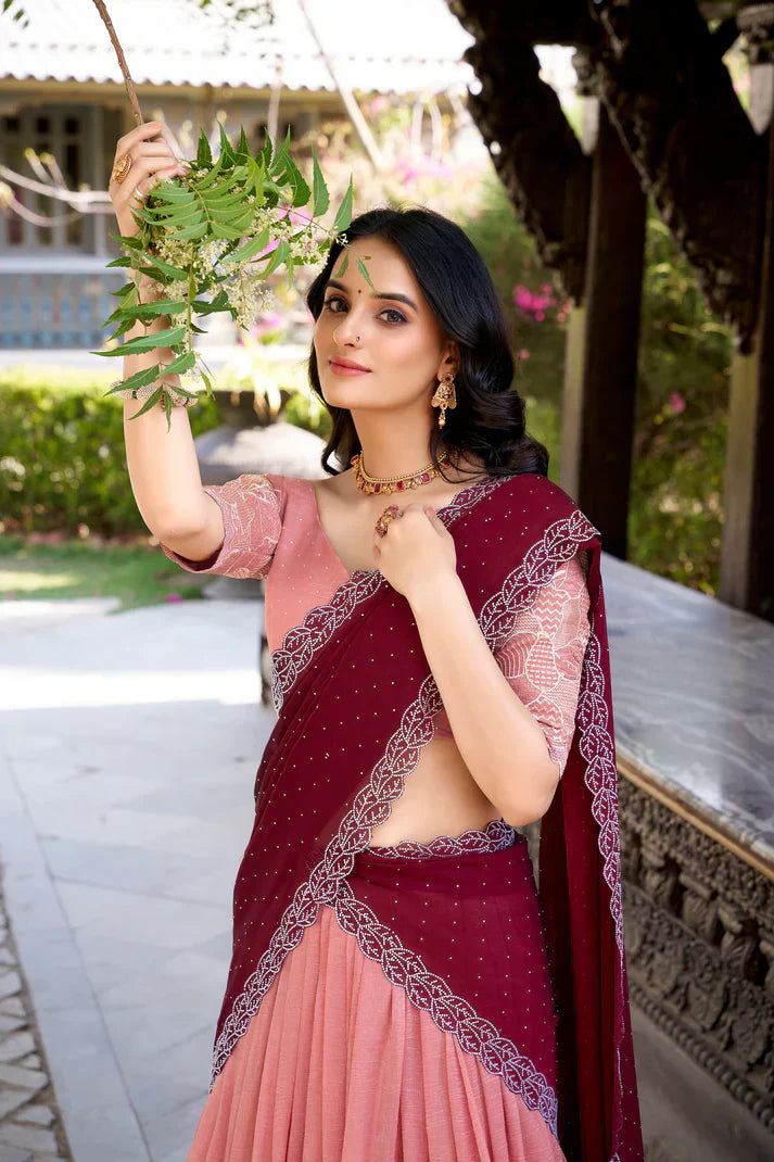 SILVER GLOSY EMBROIDERED WITH HOTFIX LEHENGA CHOLI WITH DUPATTAPFAB189)