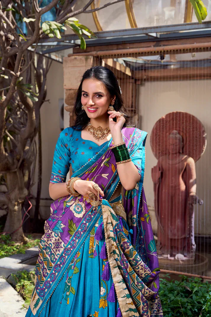 KALAMKARI TUSSAR SILK LEHENGA CHOLI WITH DUPATTAPFAB1100) (03)