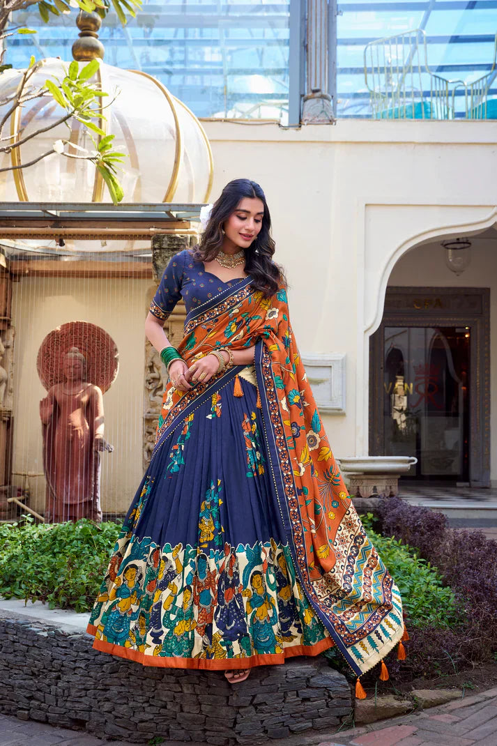 KALAMKARI TUSSAR SILK LEHENGA CHOLI WITH DUPATTAPFAB1100) (02)
