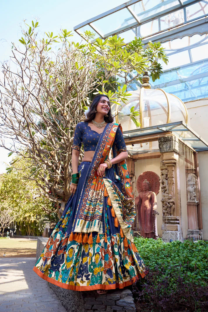 KALAMKARI TUSSAR SILK LEHENGA CHOLI WITH DUPATTAPFAB1100) (02)