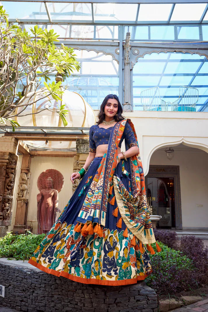 KALAMKARI TUSSAR SILK LEHENGA CHOLI WITH DUPATTAPFAB1100) (02)