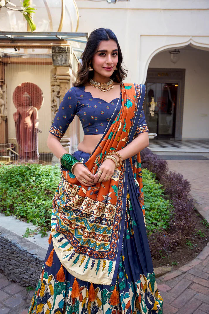 KALAMKARI TUSSAR SILK LEHENGA CHOLI WITH DUPATTAPFAB1100) (02)