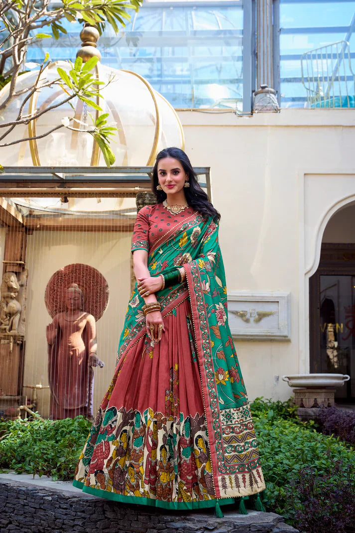 KALAMKARI TUSSAR SILK LEHENGA CHOLI WITH DUPATTAPFAB1100) (01)