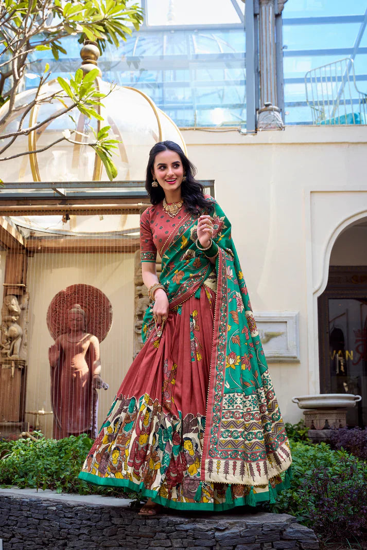 KALAMKARI TUSSAR SILK LEHENGA CHOLI WITH DUPATTAPFAB1100) (01)