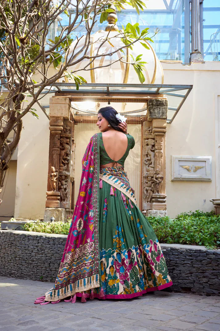 KALAMKARI TUSSAR SILK LEHENGA CHOLI WITH DUPATTAPFAB1100)
