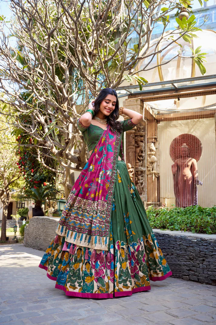 KALAMKARI TUSSAR SILK LEHENGA CHOLI WITH DUPATTAPFAB1100)