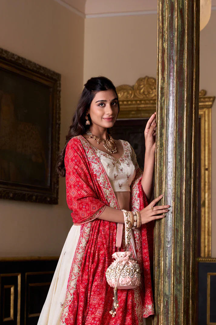 VICHITRA SILK EMBROIDERED LEHENGA CHOLI WITH BADHEJ PRINT DUPATTAPFAB174)