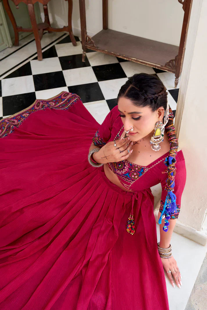 NAVRATRI SPECIAL TUSSAR SILK GAMTHI PRINT LEHENGA CHOLI WITH DUPATTAPFAB1190) (03)