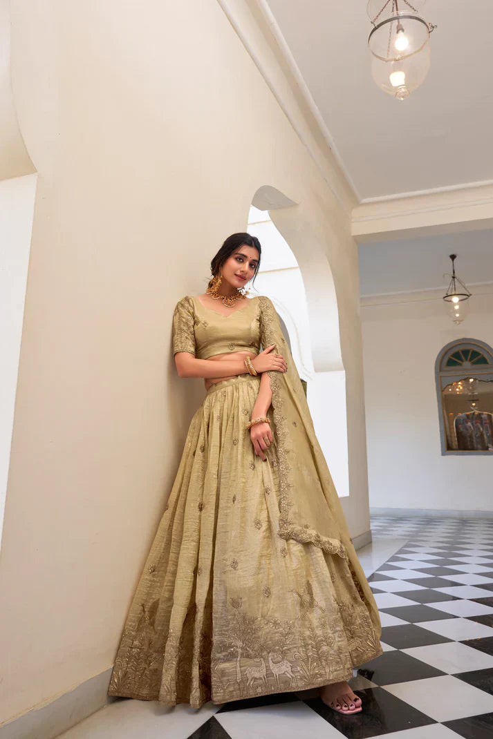 GOLD CRUSH EMBROIDERED LEHENGA CHOLI WITH DUPATTAPFAB196)