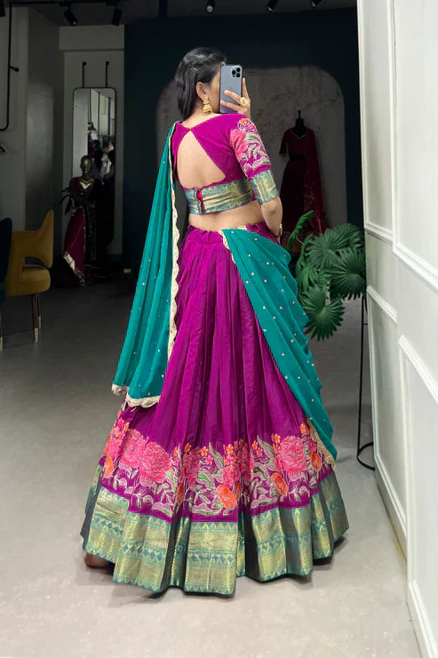 COTTON SILK THEREAD EMBROIDERED LEHENGA CHOLI WITH DUPATTAPFAB1105)