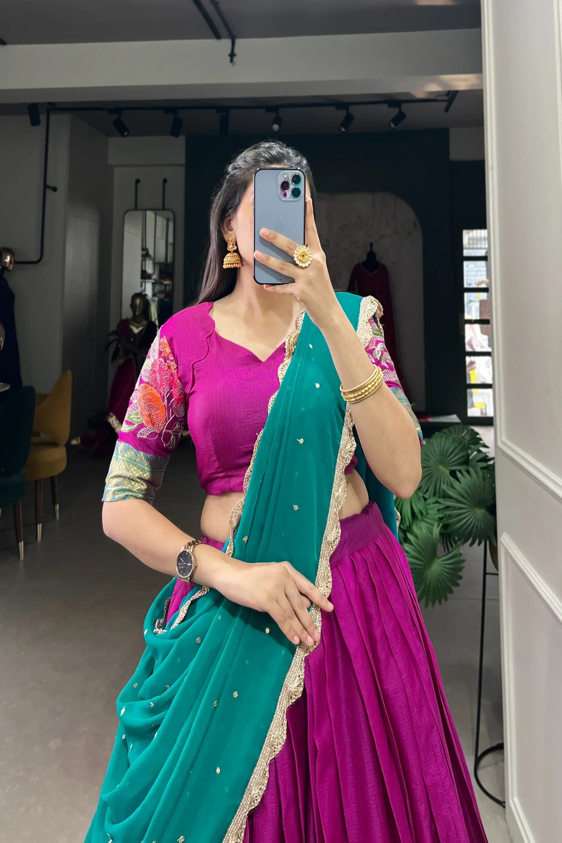 COTTON SILK THEREAD EMBROIDERED LEHENGA CHOLI WITH DUPATTAPFAB1105)