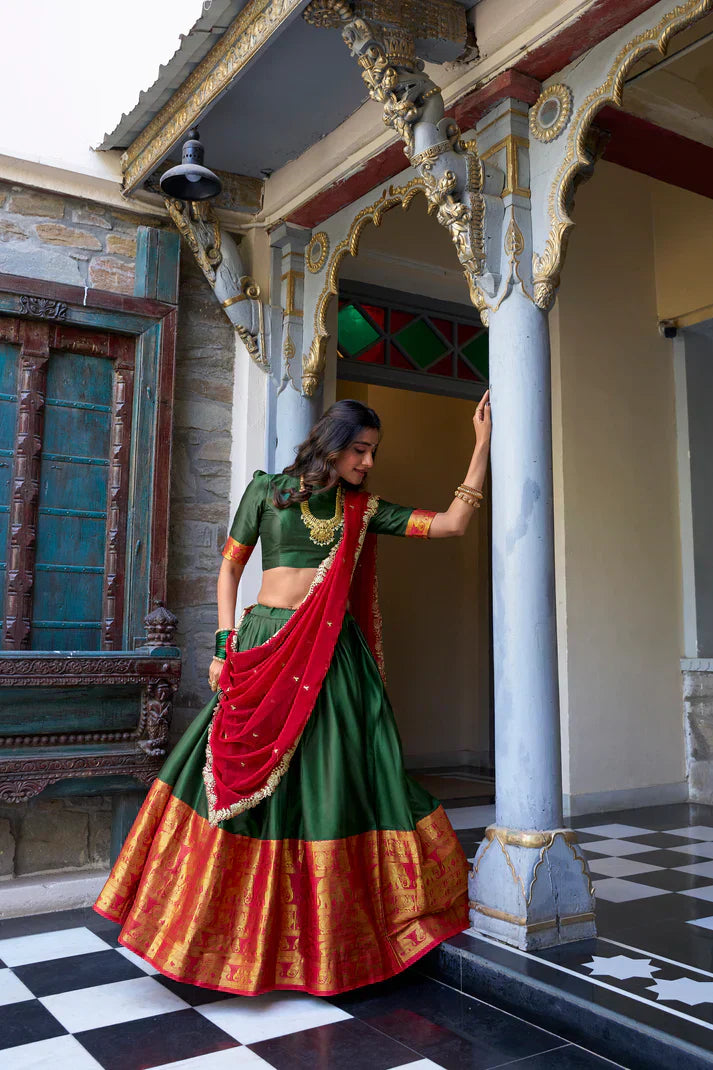 NARAYAN PATTU LEHENGA CHOLI WITH GEORGETTE EMBROIDERED DUPATTAPFAB197)(01)