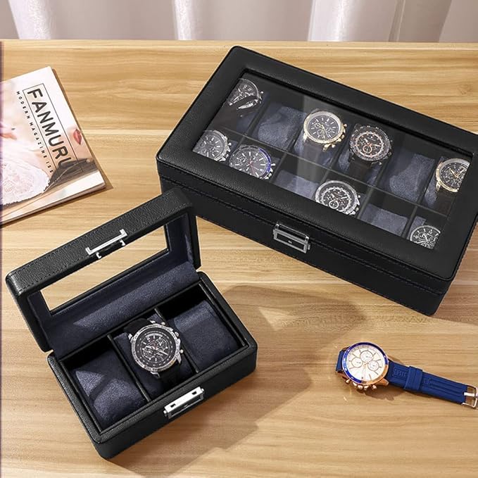3 Slot PU Leather Watch Box with Glass Top,(Black) - salesmania