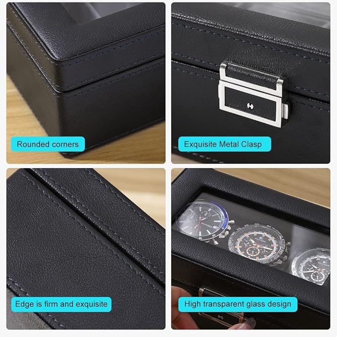 3 Slot PU Leather Watch Box with Glass Top,(Black) - salesmania