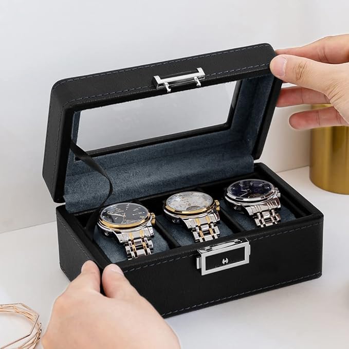 3 Slot PU Leather Watch Box with Glass Top,(Black) - salesmania