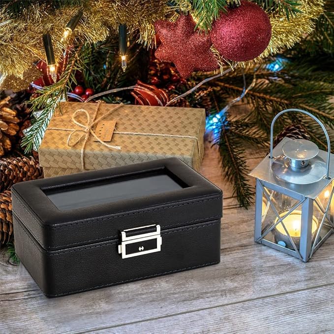 3 Slot PU Leather Watch Box with Glass Top,(Black) - salesmania