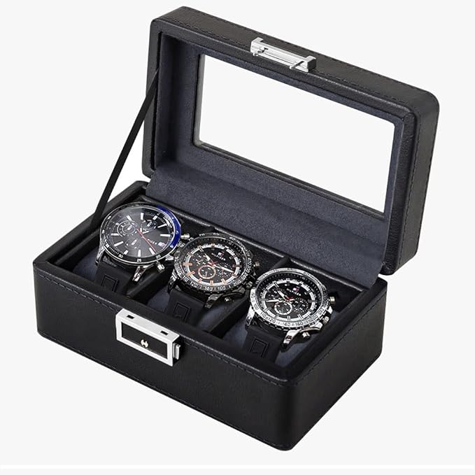 3 Slot PU Leather Watch Box with Glass Top,(Black) - salesmania