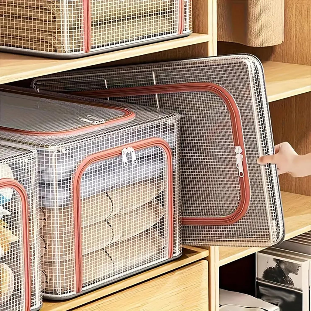 31L Transparent Clothes Storage Bin with Metal Frame & Handles - salesmania