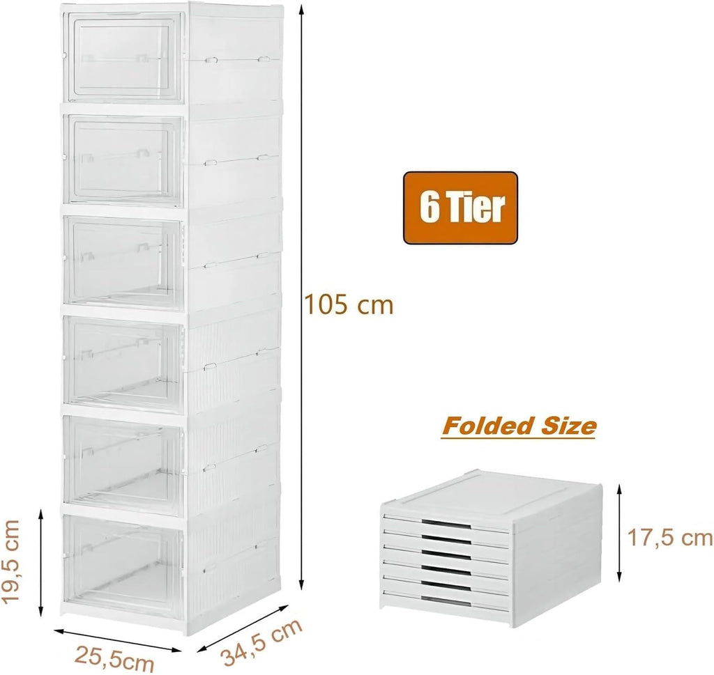 6 - Layer Foldable & Stackable Shoe Cabinet with Magnetic Front Door (Transparent) - salesmania
