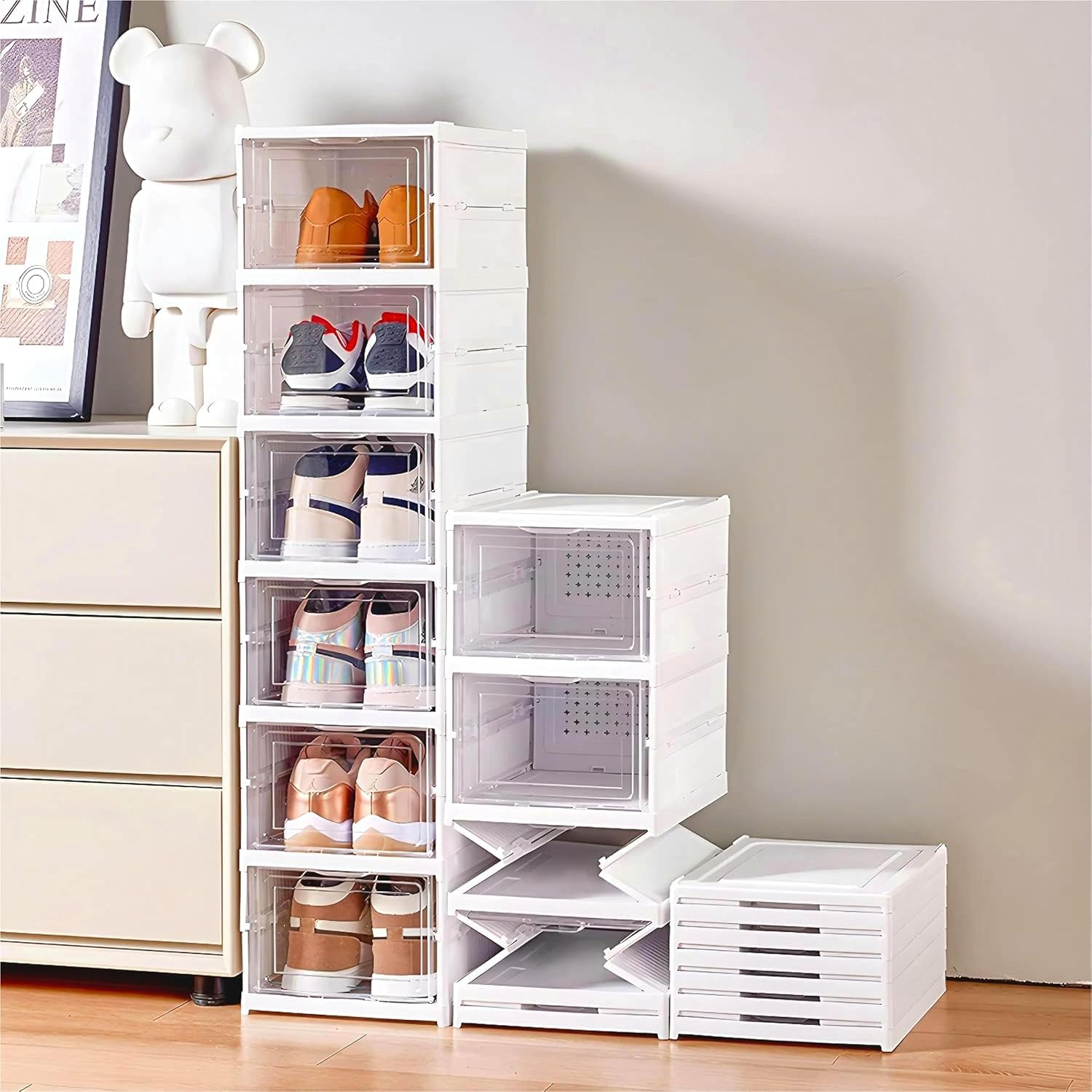 6 - Layer Foldable & Stackable Shoe Cabinet with Magnetic Front Door (Transparent) - salesmania