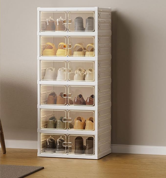 6 Layer Plastic Storage Bins with Lids - Shoe Storage box (Cream) - salesmania