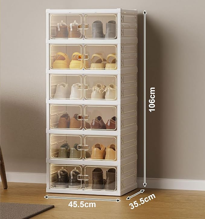 6 Layer Plastic Storage Bins with Lids - Shoe Storage box (Cream) - salesmania