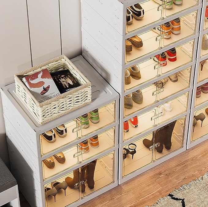 6 Layer Plastic Storage Bins with Lids - Shoe Storage box (Cream) - salesmania