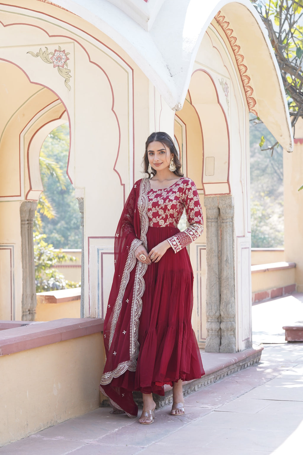 Tilton  Faux Blooming Gowns. with Viscose Dyable Jacquard With Sequins Embroidered Work Faux Blooming Dupatta