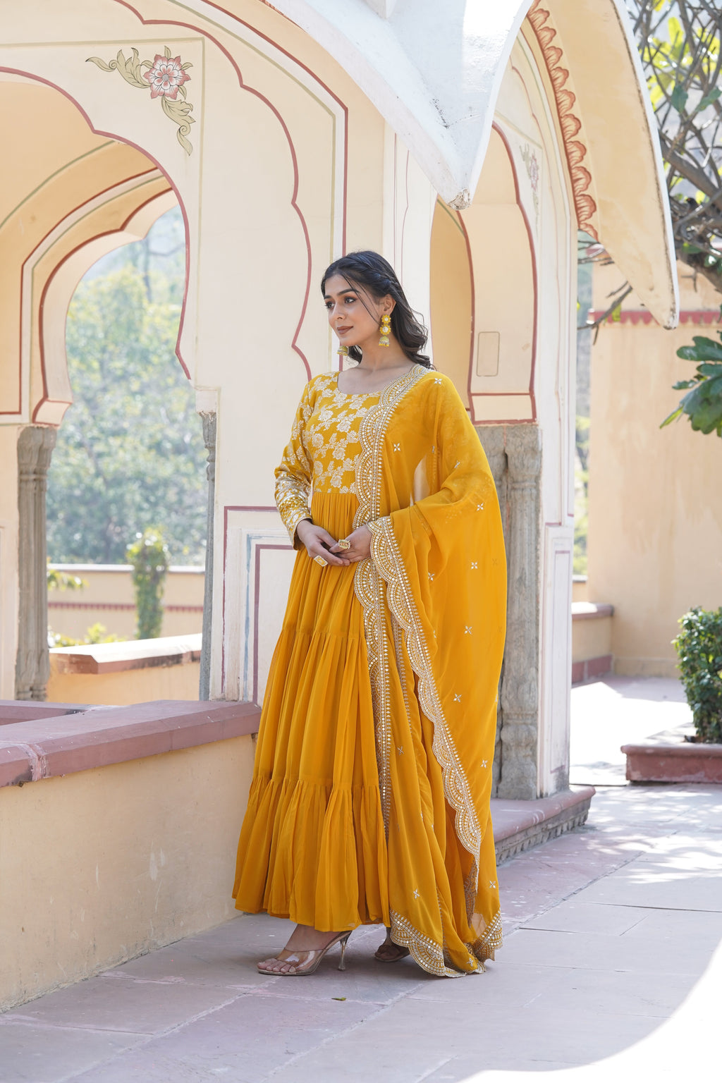 Tilton  Faux Blooming Gowns. with Viscose Dyable Jacquard With Sequins Embroidered Work Faux Blooming Dupatta