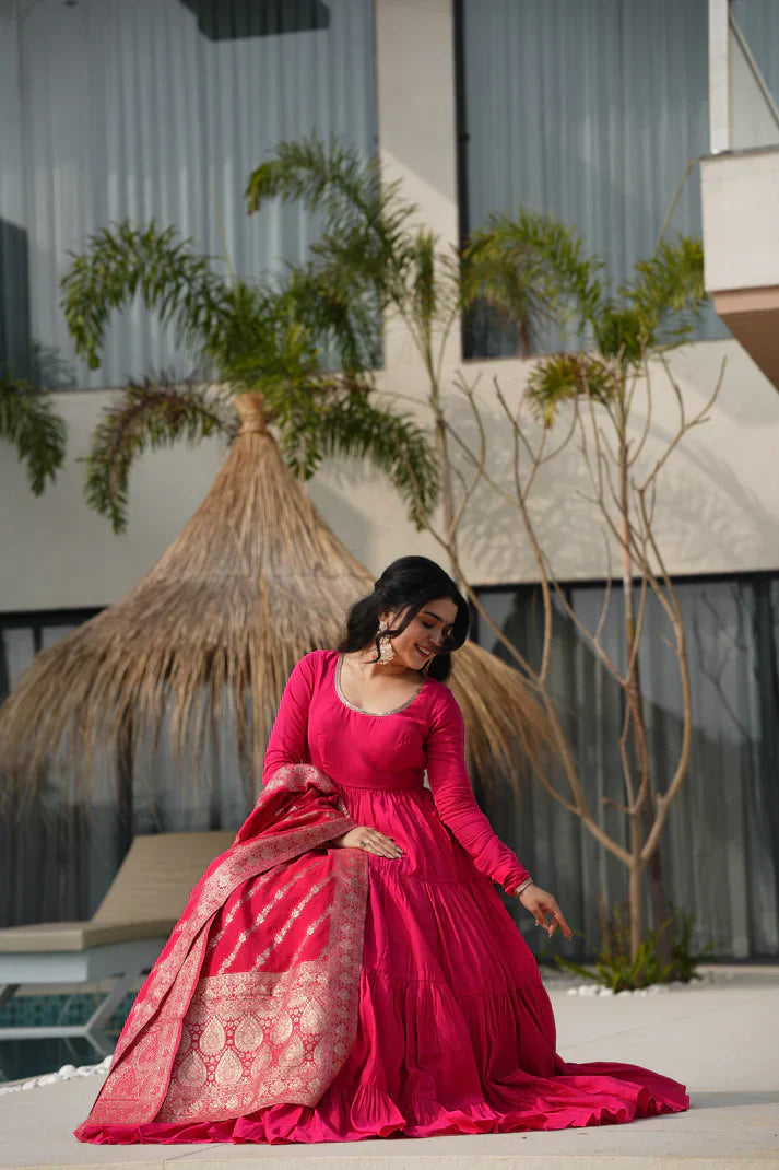 WEDDING SPECIAL MICROCRAPE GOWN WITH JAQUARD DUPATTA PFAB155)