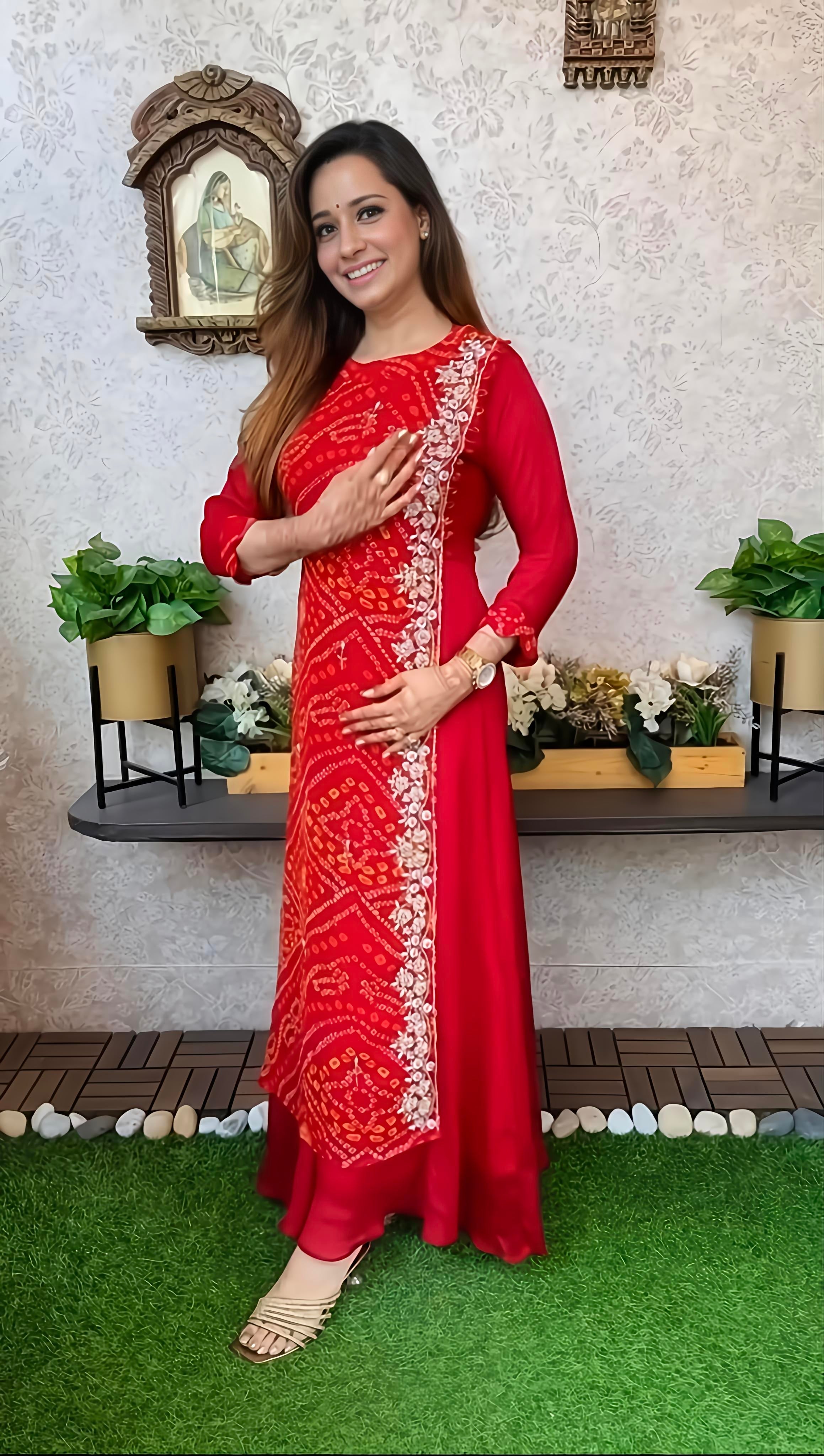 Export Pure Chinnon Silk Long Gown With Bhandej Heavy Hand Work Double Layer (RD026)