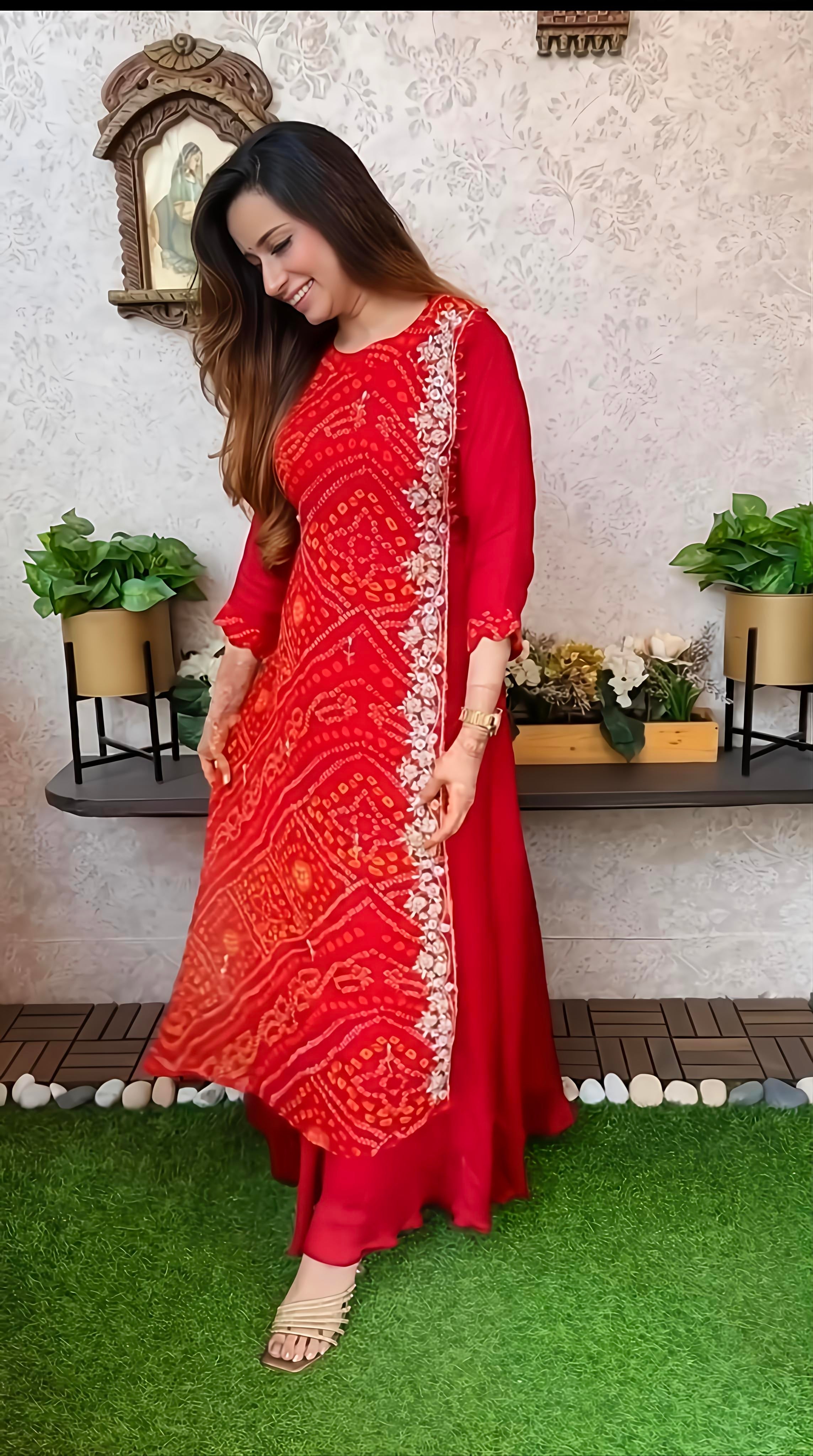 Export Pure Chinnon Silk Long Gown With Bhandej Heavy Hand Work Double Layer (RD026)