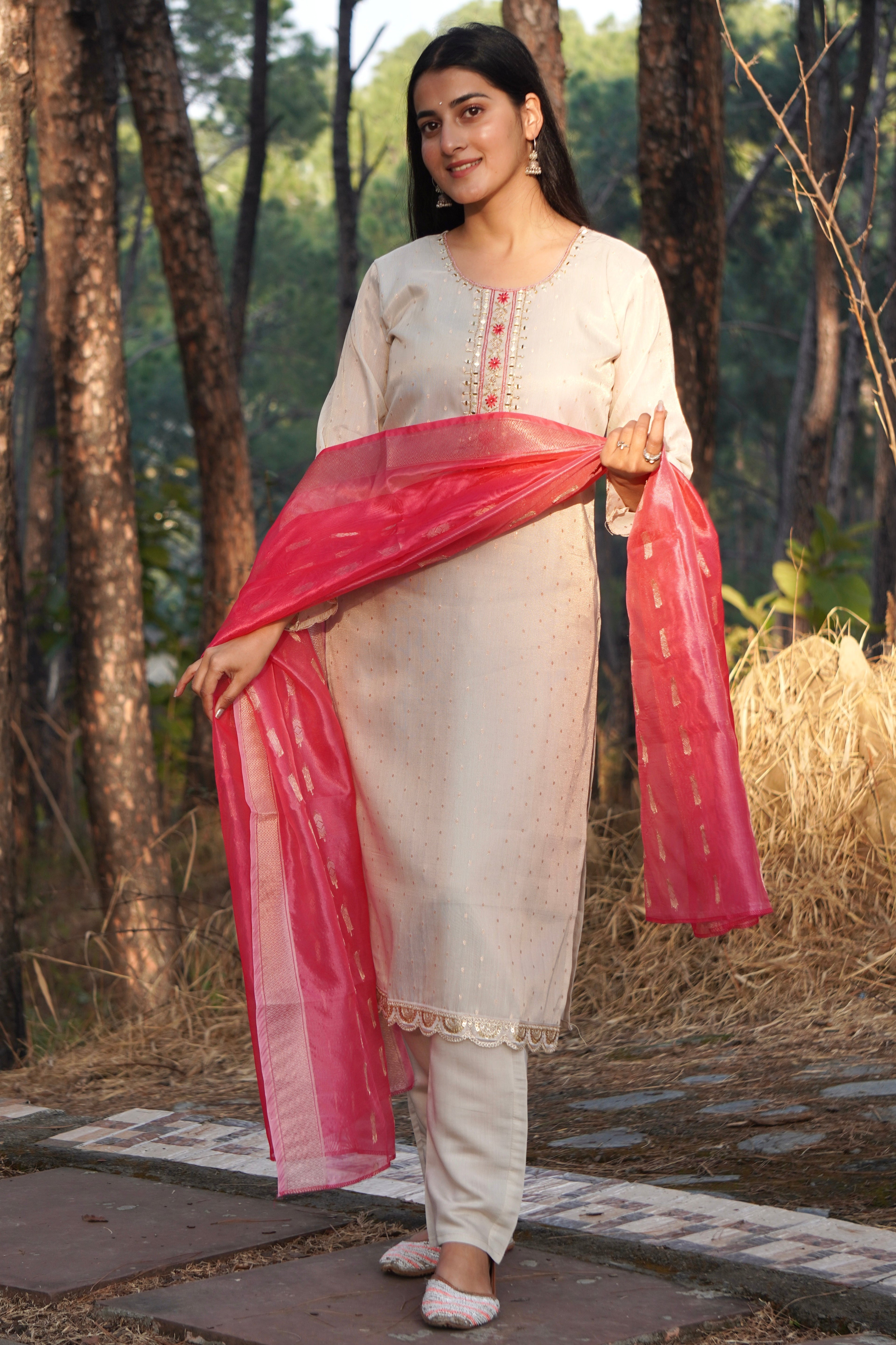 Premium Tissue Shimmer Suit Set Which is Beautifully Decorated With Hand Khatli Work And Original Mirror Work With Butti Pattern(PFAB151)