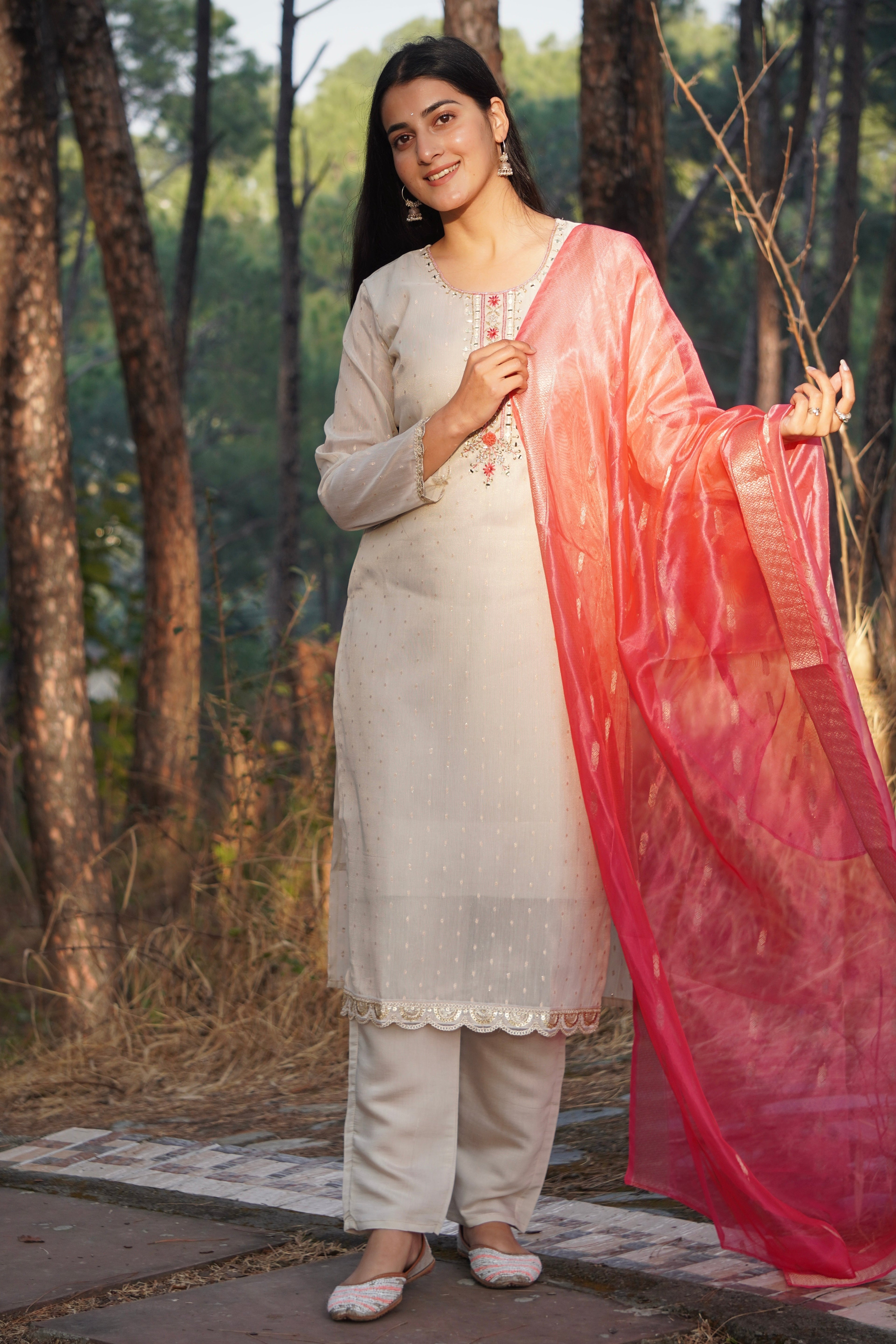 Premium Tissue Shimmer Suit Set Which is Beautifully Decorated With Hand Khatli Work And Original Mirror Work With Butti Pattern(PFAB151)