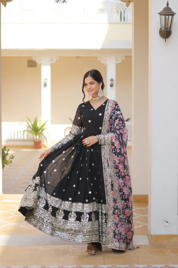 Faux Georgette with Embroidery Zari Sequins-work premium gownPFAB118)