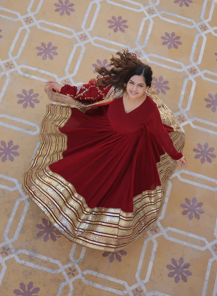 PREMIUM READYMADEFAUX BLOOMING SEQUENCE EMBROIDERED GOWN WITH DUPATTA SETPFAB101)