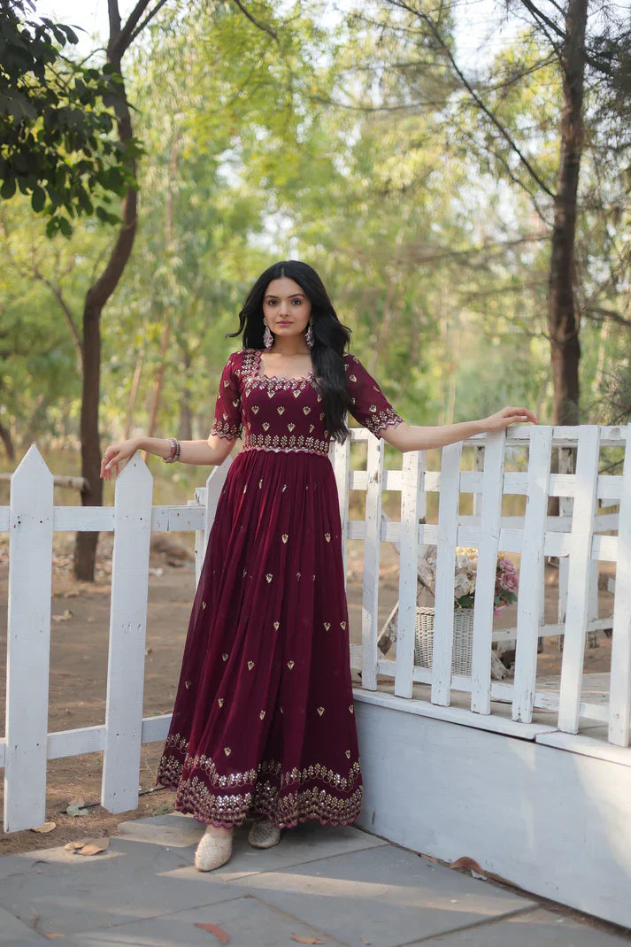 ZARI THREAD SEQUINS EMBROIDERY WORK GOWN PFAB129)