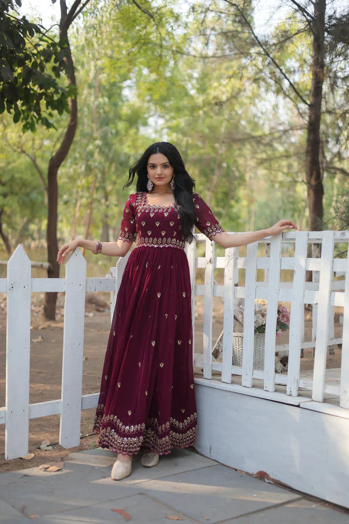 ZARI THREAD SEQUINS EMBROIDERY WORK GOWN PFAB129)