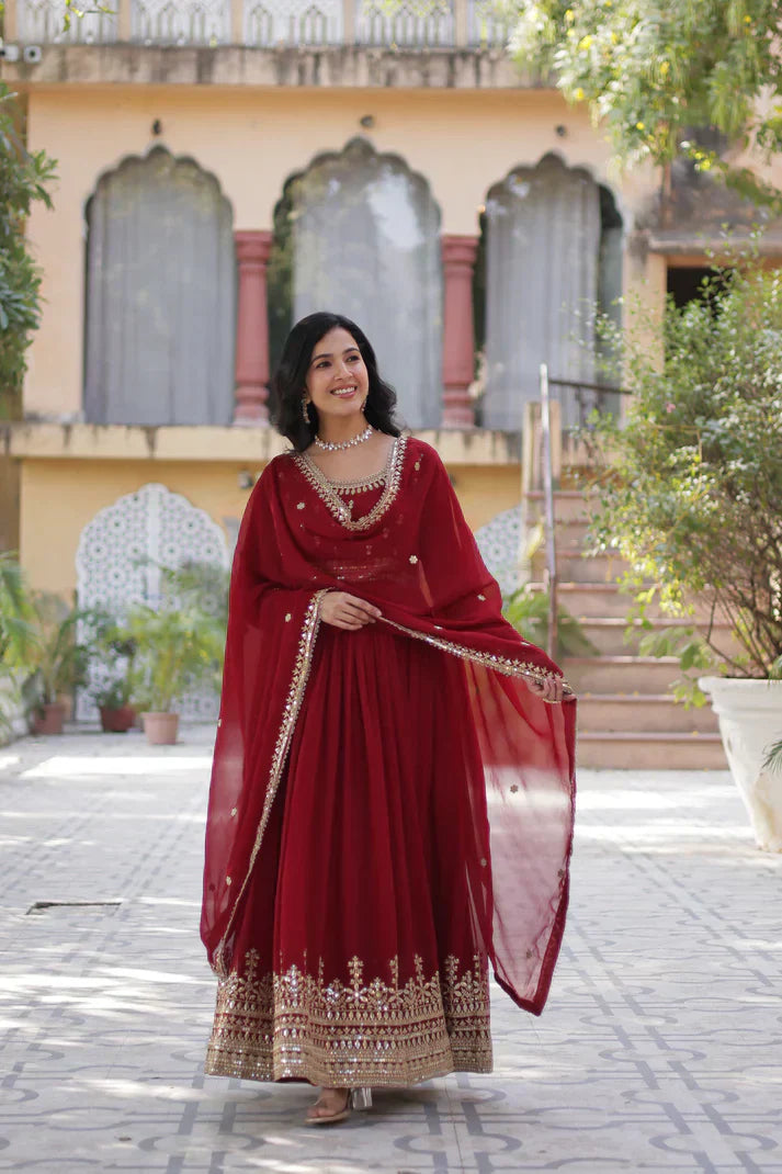 WEDDING SPECIAL FAUX BLOOMING SEQUINS ZARI EMBROIDERED GOWN WITH DUPATTAPFAB1109)