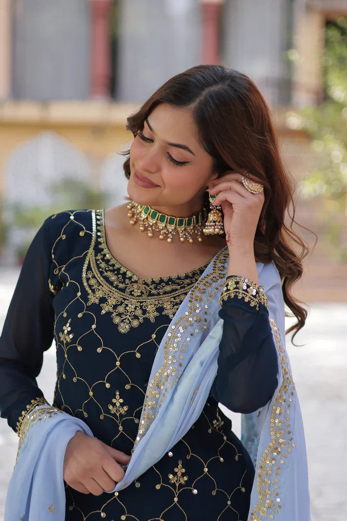 WEDDING SPECIAL FAUX BLOOMING GEORGETTE SEQUINS EMBROIDERED PLAZZO SET WITH DUPATTAPFAB1121)