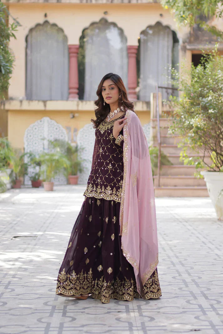 WEDDING SPECIAL FAUX BLOOMING GEORGETTE SEQUINS EMBROIDERED PLAZZO SET WITH DUPATTAPFAB1121) (01)