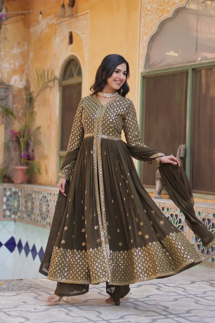 WEDDING SPECIAL FAUX GEORGETTE EMBROIDERED GOWN WITH BOTTOM AND DUPATTAPFAB1113)