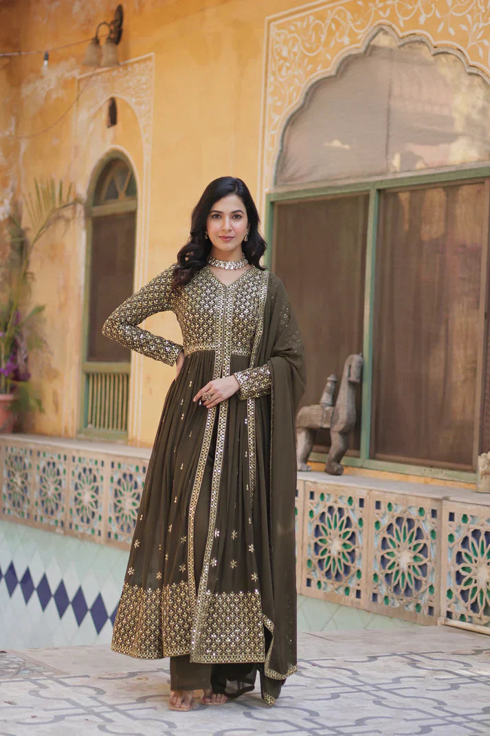 WEDDING SPECIAL FAUX GEORGETTE EMBROIDERED GOWN WITH BOTTOM AND DUPATTAPFAB1113)