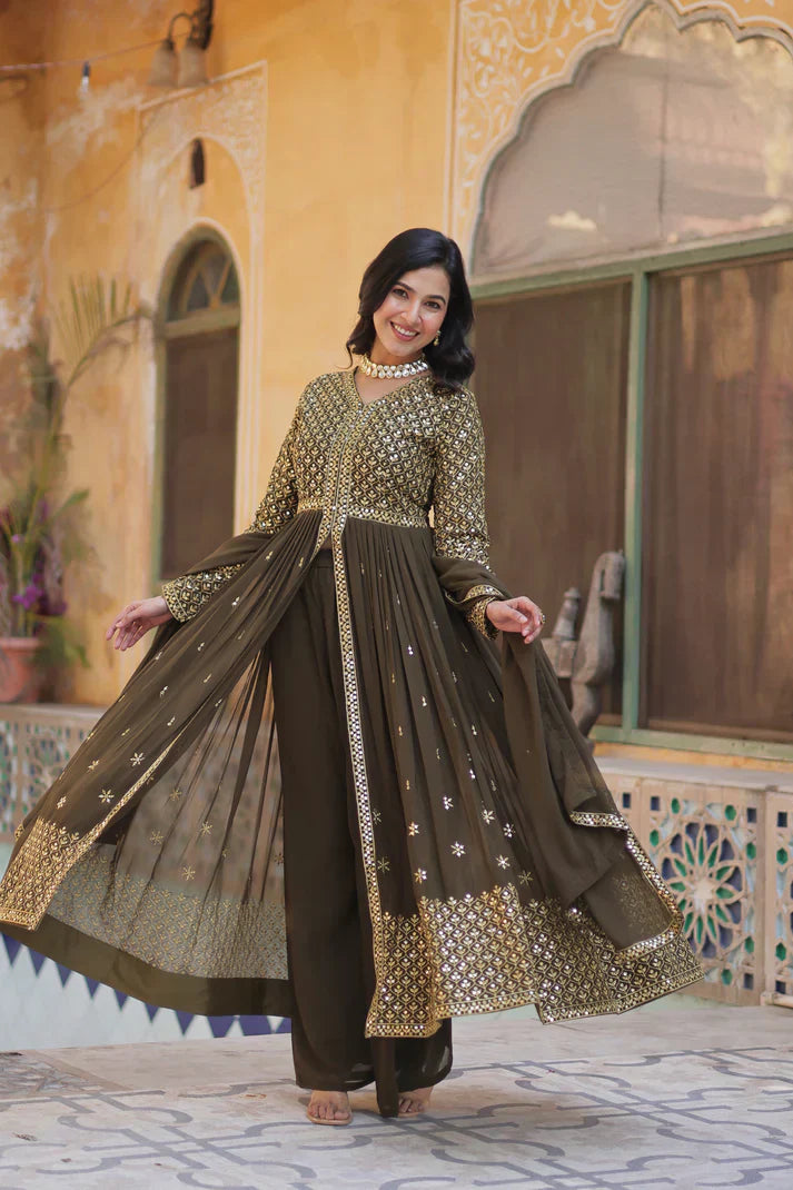 WEDDING SPECIAL FAUX GEORGETTE EMBROIDERED GOWN WITH BOTTOM AND DUPATTAPFAB1113)