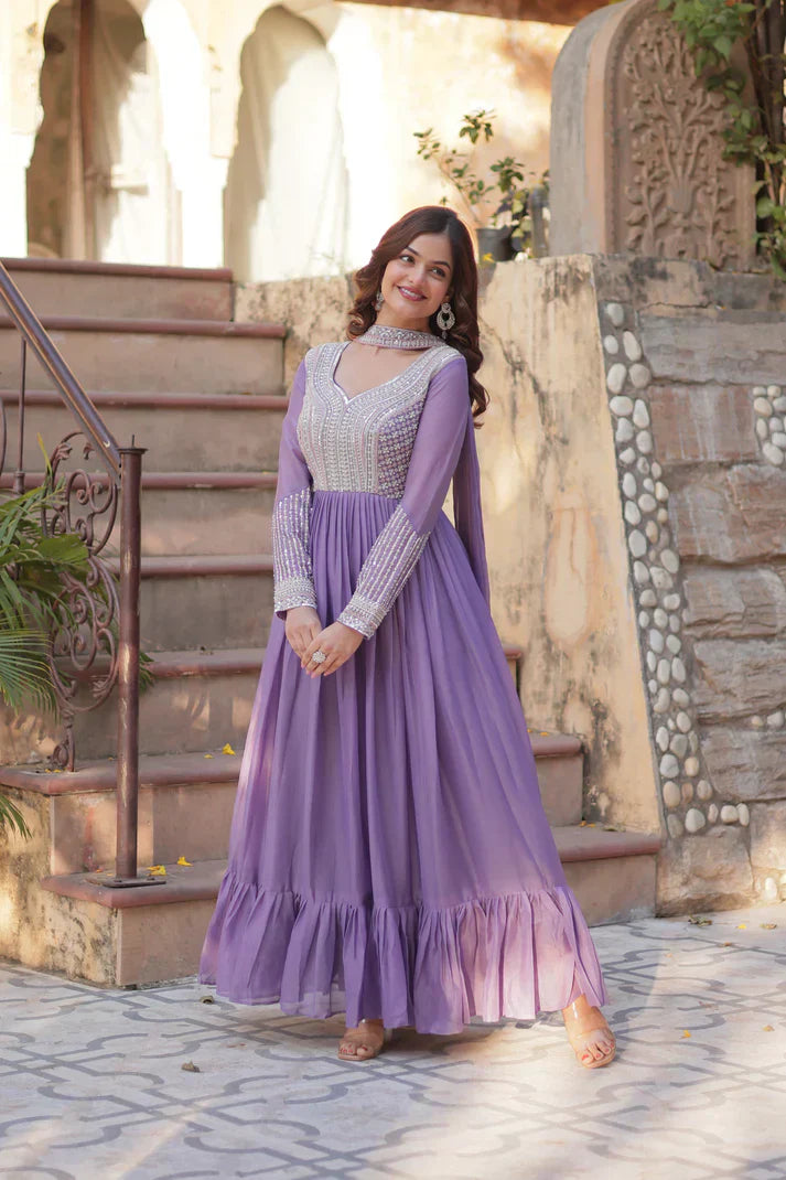 WEDDING SPECIAL GEORGETTE BEADS SEQUANCE EMBROIDERED GOWN WITH DUPATTAPFAB1102)