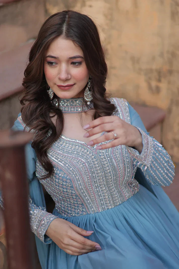 WEDDING SPECIAL GEORGETTE BEADS SEQUANCE EMBROIDERED GOWN WITH DUPATTAPFAB1102) (01)