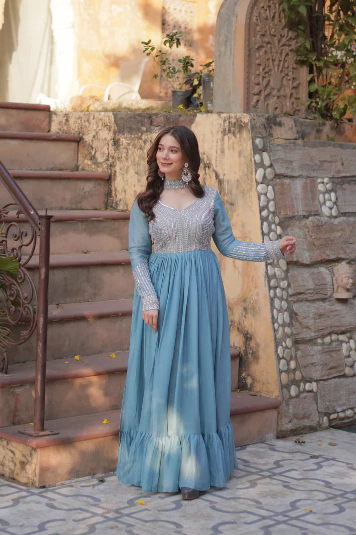 WEDDING SPECIAL GEORGETTE BEADS SEQUANCE EMBROIDERED GOWN WITH DUPATTAPFAB1102) (01)