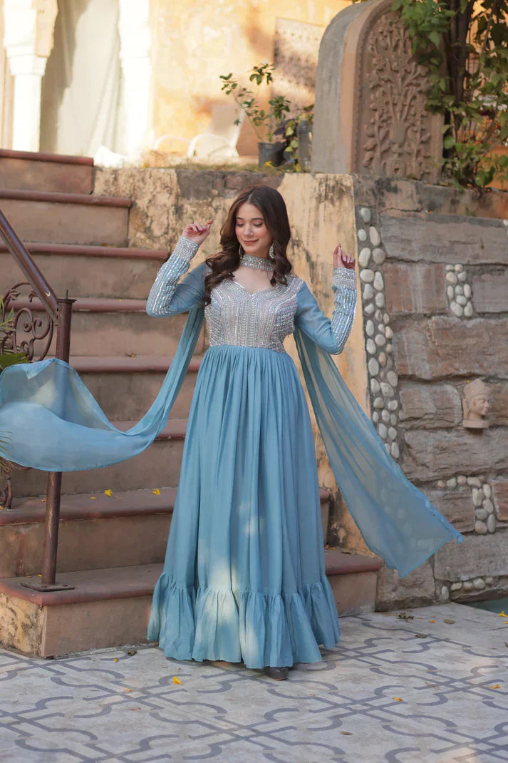 WEDDING SPECIAL GEORGETTE BEADS SEQUANCE EMBROIDERED GOWN WITH DUPATTAPFAB1102) (01)