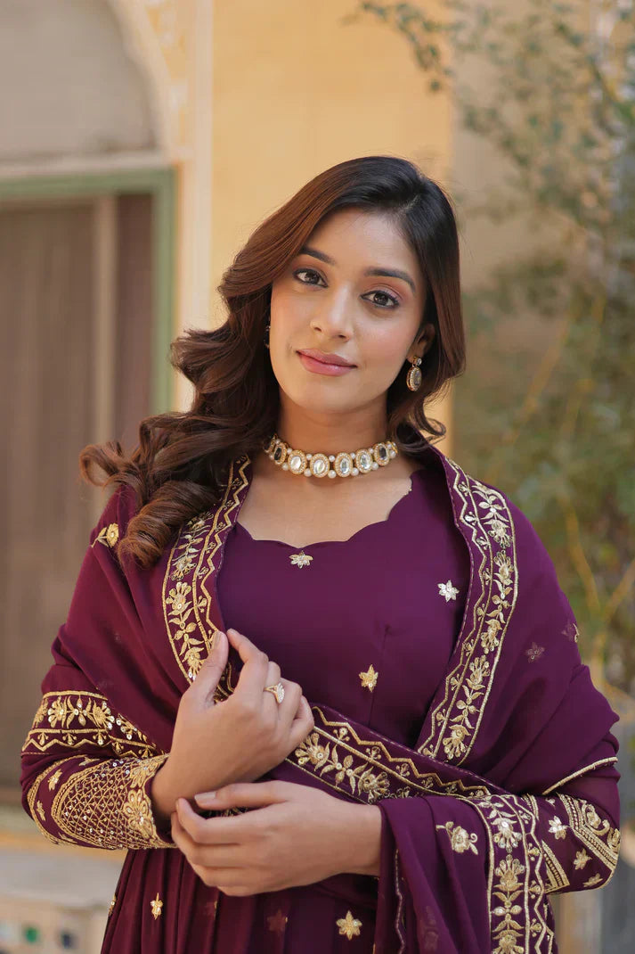 FAUX BLOOMING GEORGETTE SEQUINS EMBROIDERED GOWN WITH DUPATTAPFAB112) (01)